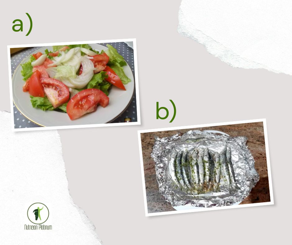Ensalada de lechuga con cebolla y tomate acompañado de sardinas en Papillote